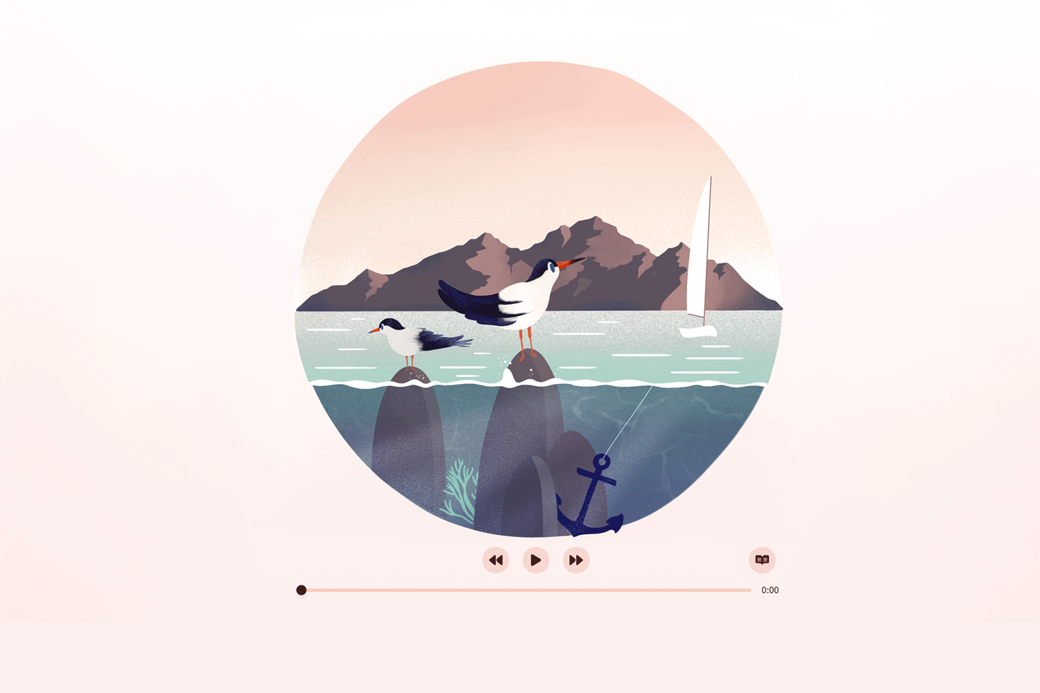Animated GIF of a coastal scene featuring seagulls perched on rocks, gentle waves rolling onto the shore, a sailboat on the water, and an anchor submerged underwater.