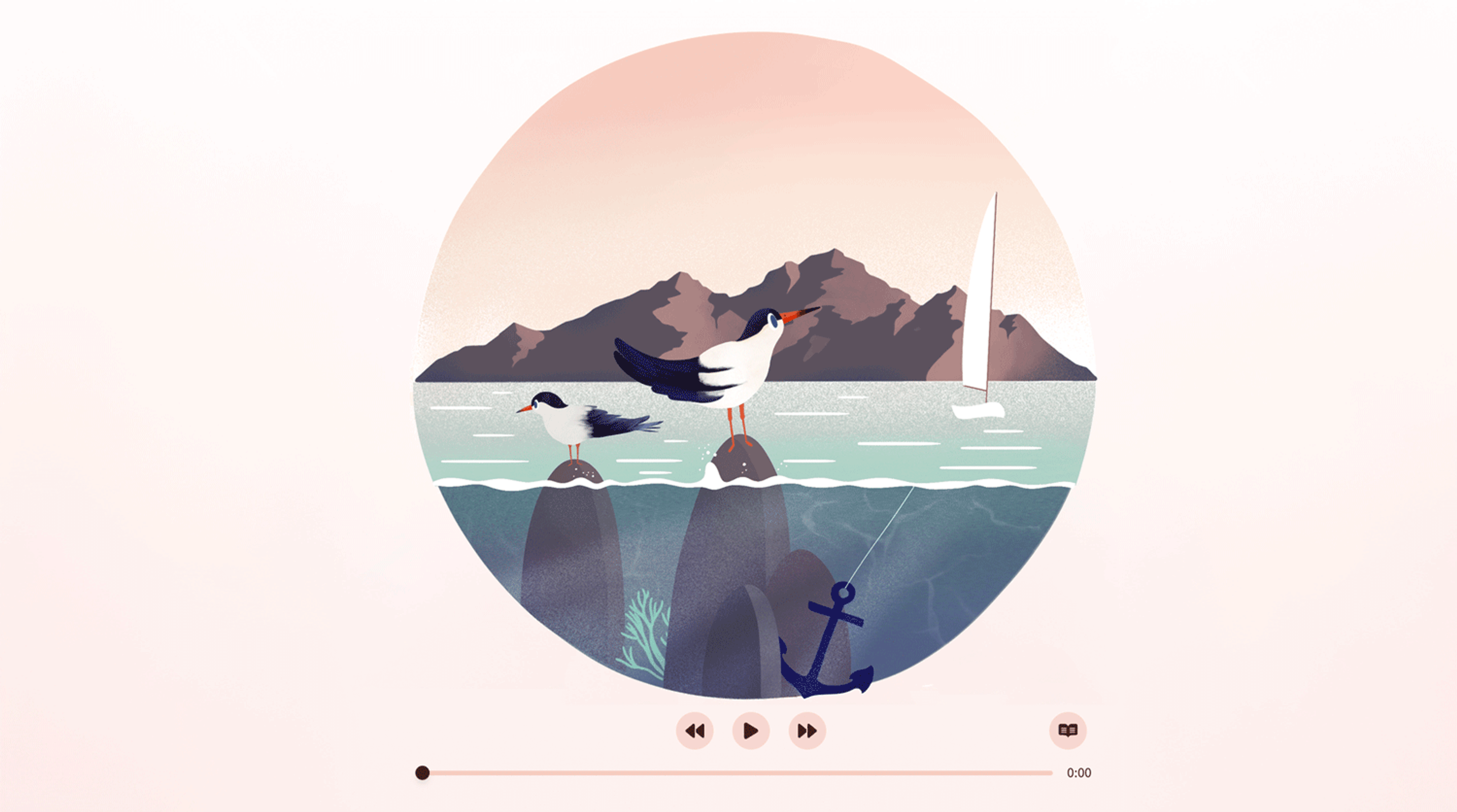 Animated GIF of a coastal scene featuring seagulls perched on rocks, gentle waves rolling onto the shore, a sailboat on the water, and an anchor submerged underwater.
