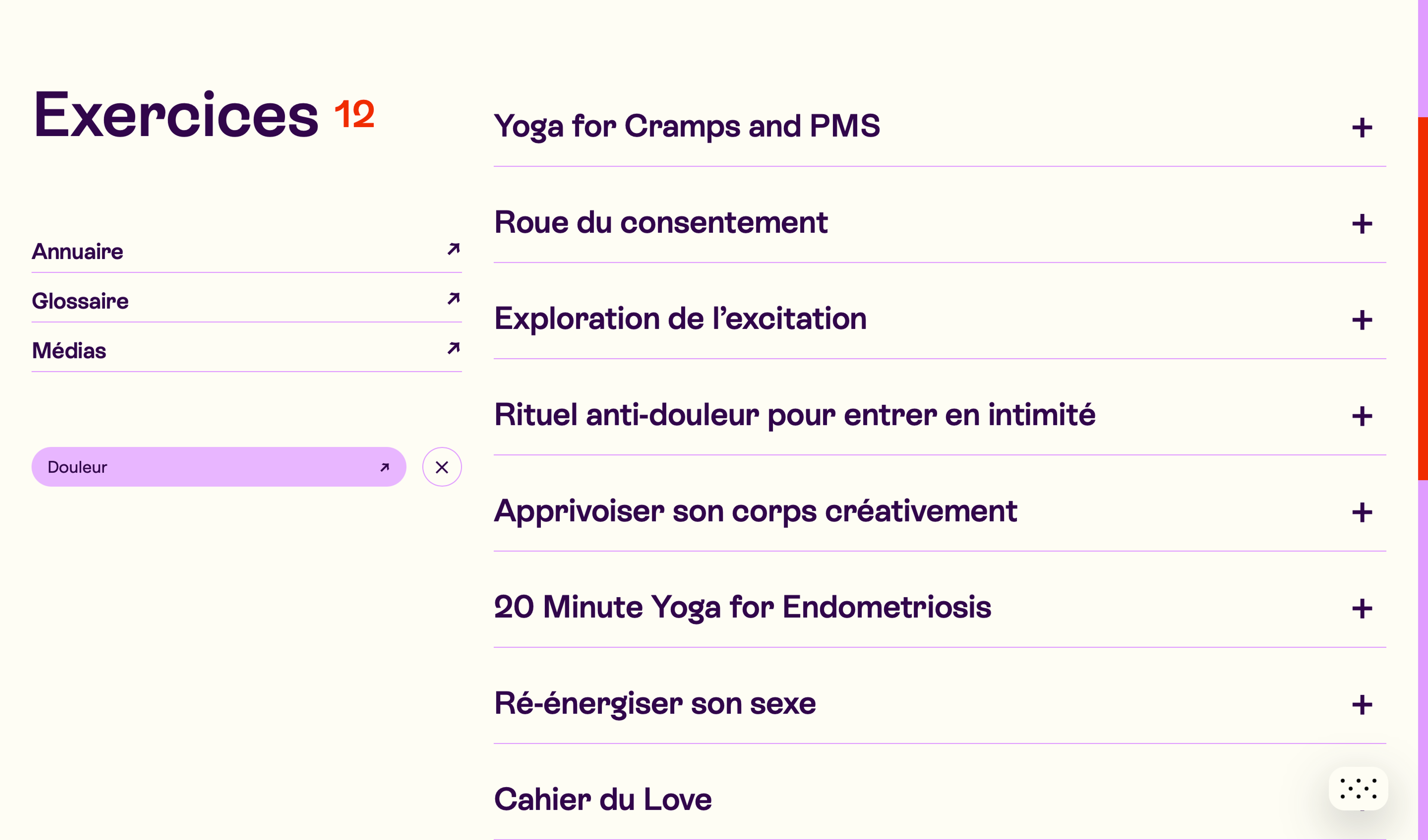 Exercises page based on the type of pain experienced. A menu allows users to select an exercise by pre-selecting their specific pain.