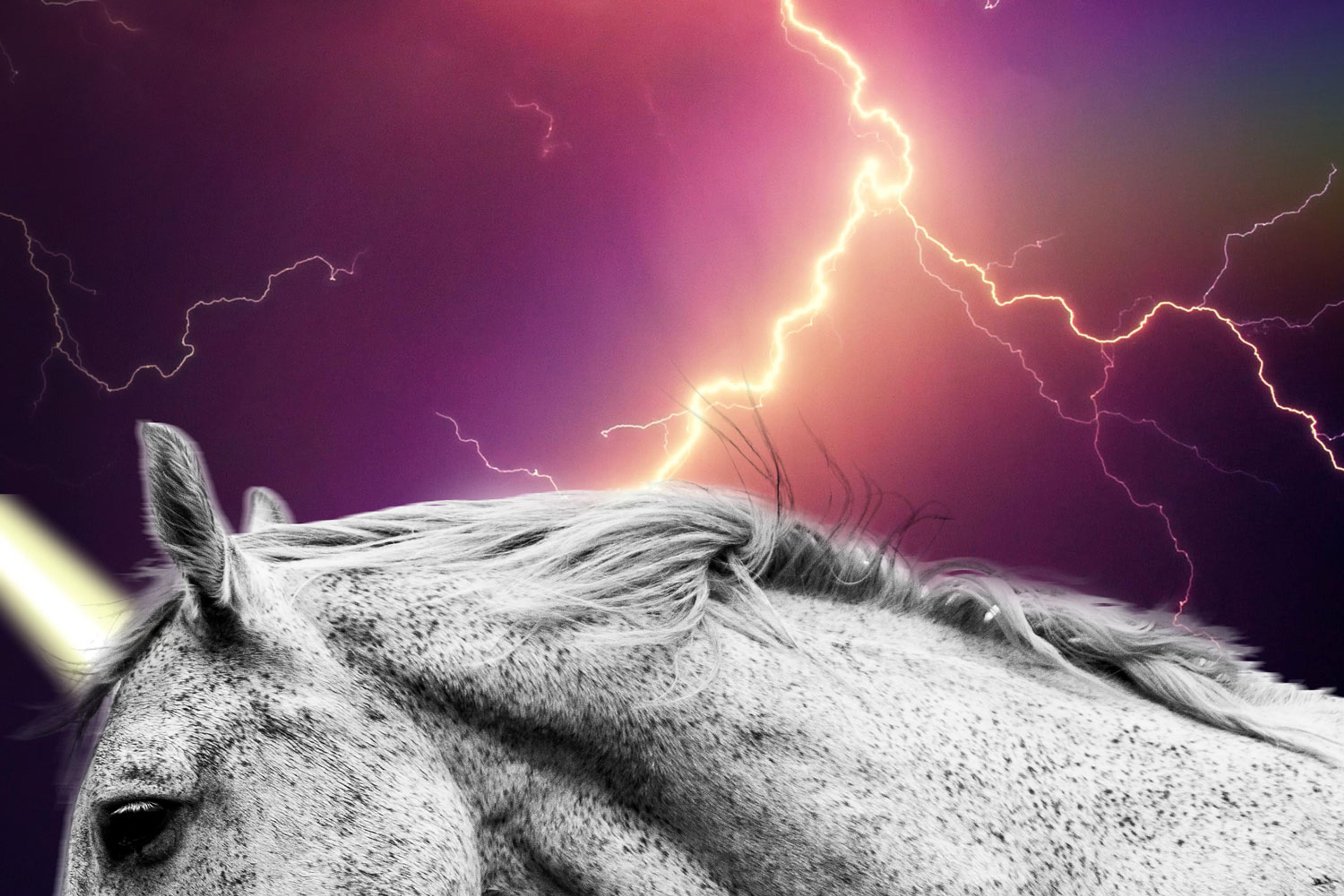 Visual for the show 'Unicorn and Thunderstrikes,' depicting a unicorn against a sky featuring a mix of storms and rainbows.