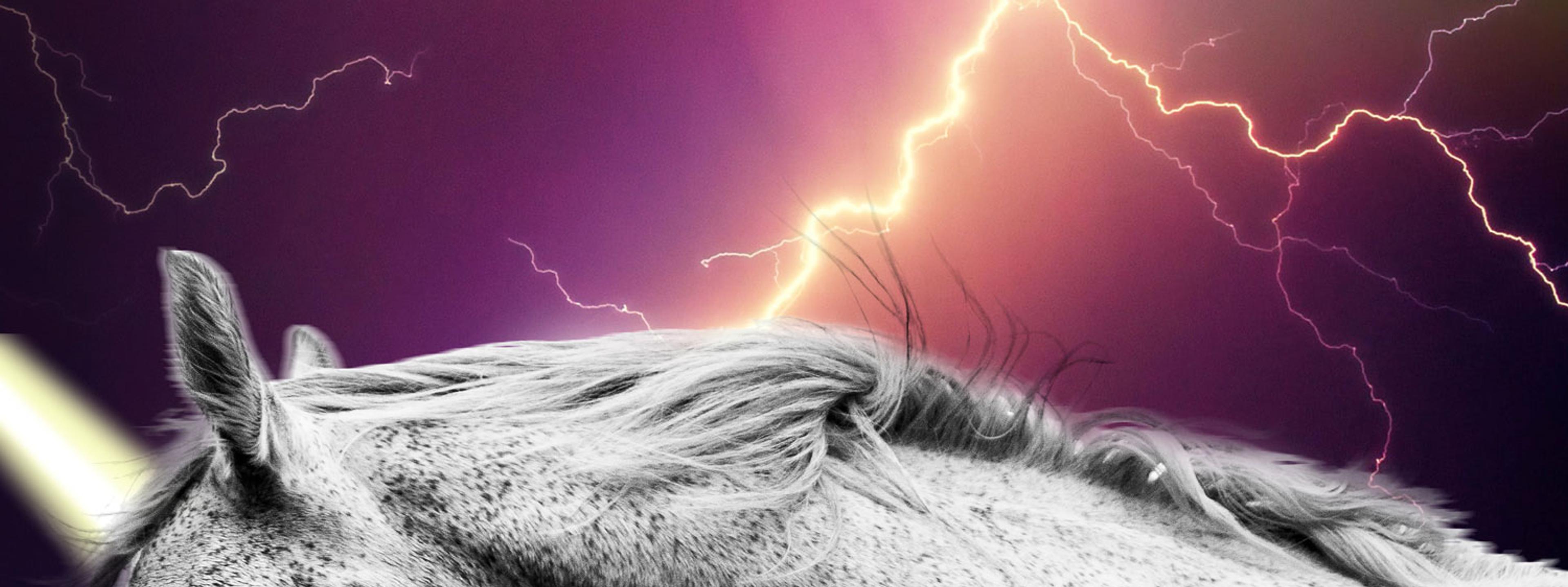 Visual for the show 'Unicorn and Thunderstrikes,' illustrating a unicorn against a sky with a blend of storm and rainbows.