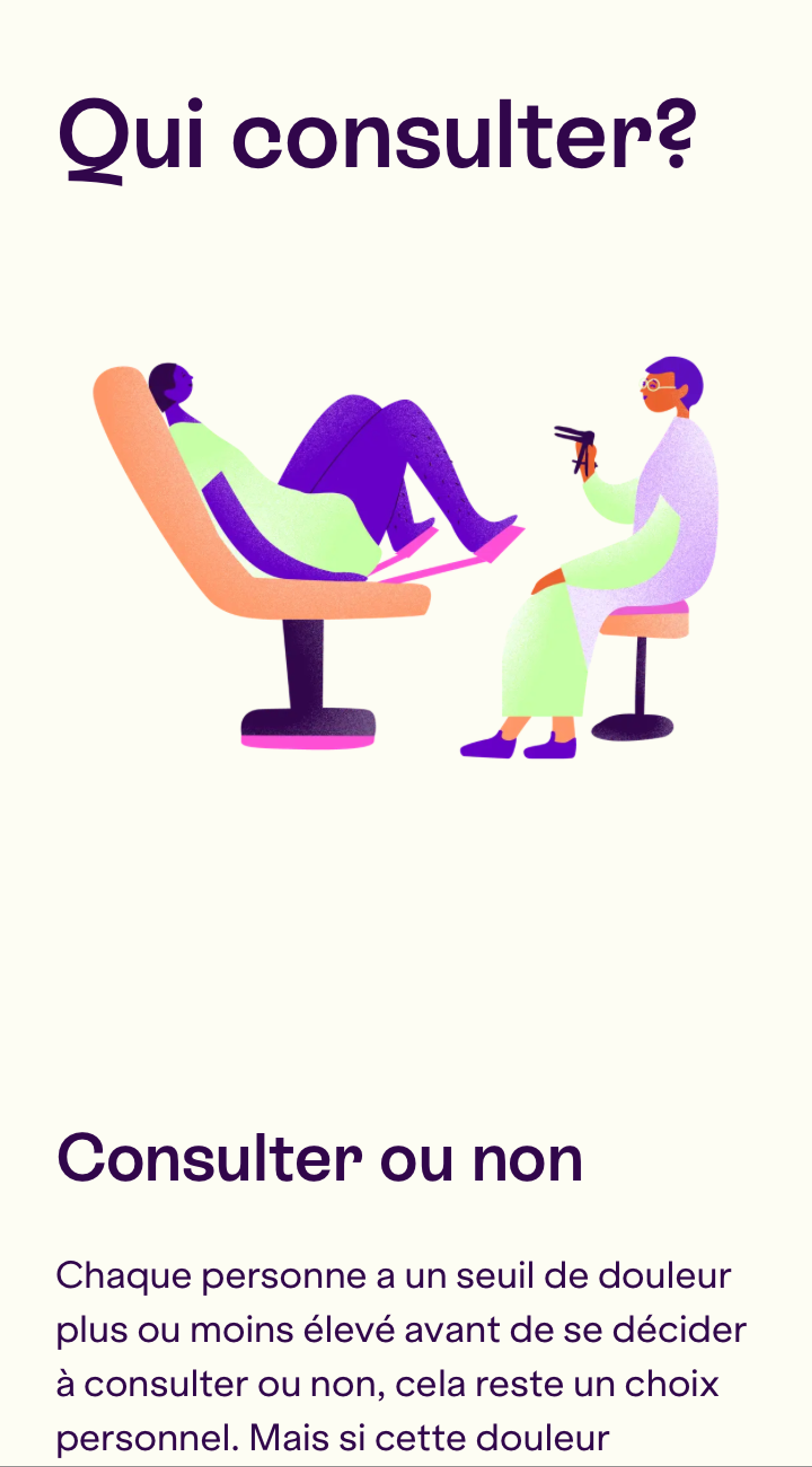 Mobile version of an article titled 'Should You Consult or Not?' It features a colorful illustration depicting a consultation with a healthcare provider examining a person lying on their back using a speculum. Both characters are smiling.