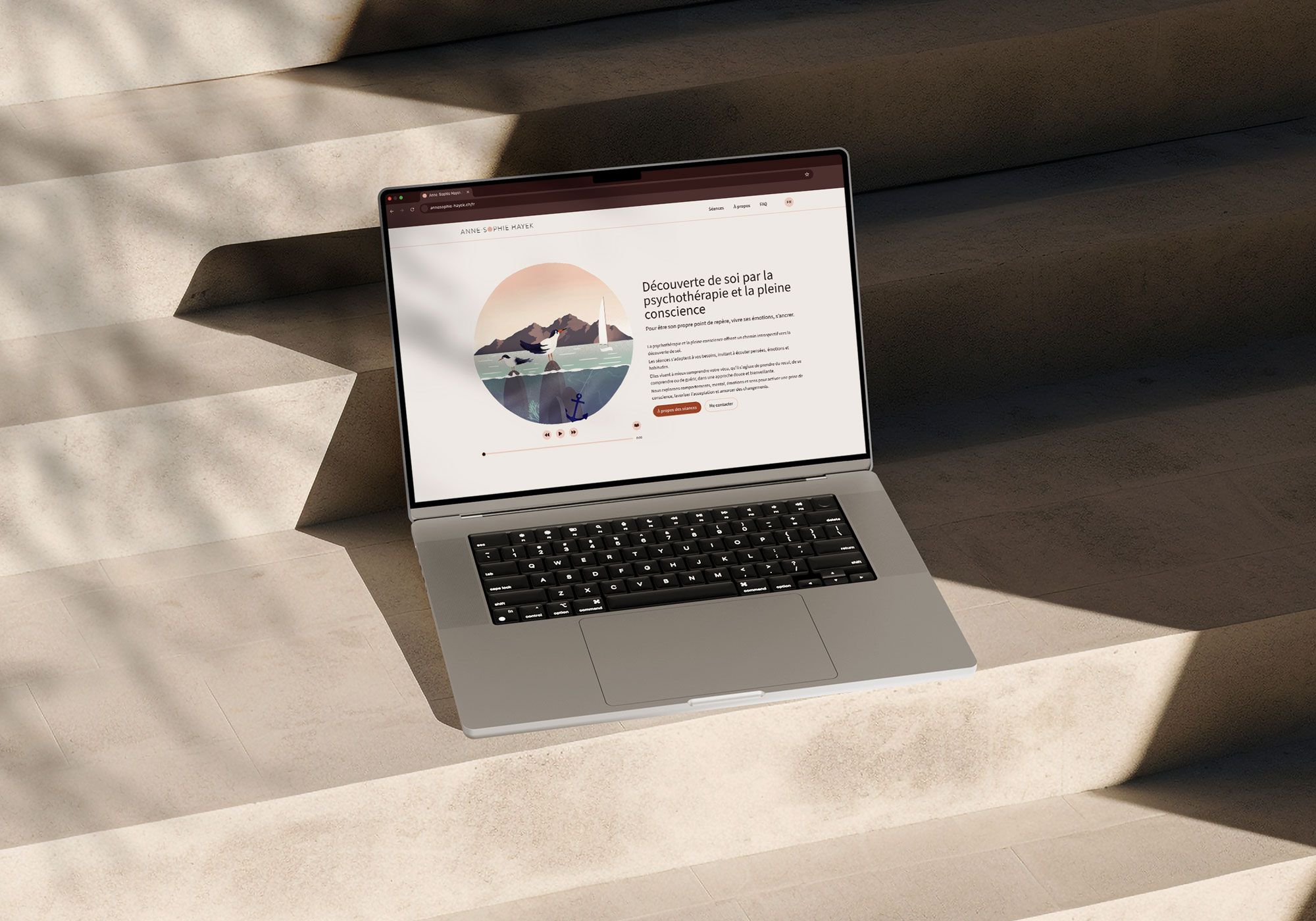 Animated GIF of a coastal scene featuring seagulls perched on rocks, gentle waves rolling onto the shore, a sailboat on the water, and an anchor submerged underwater.