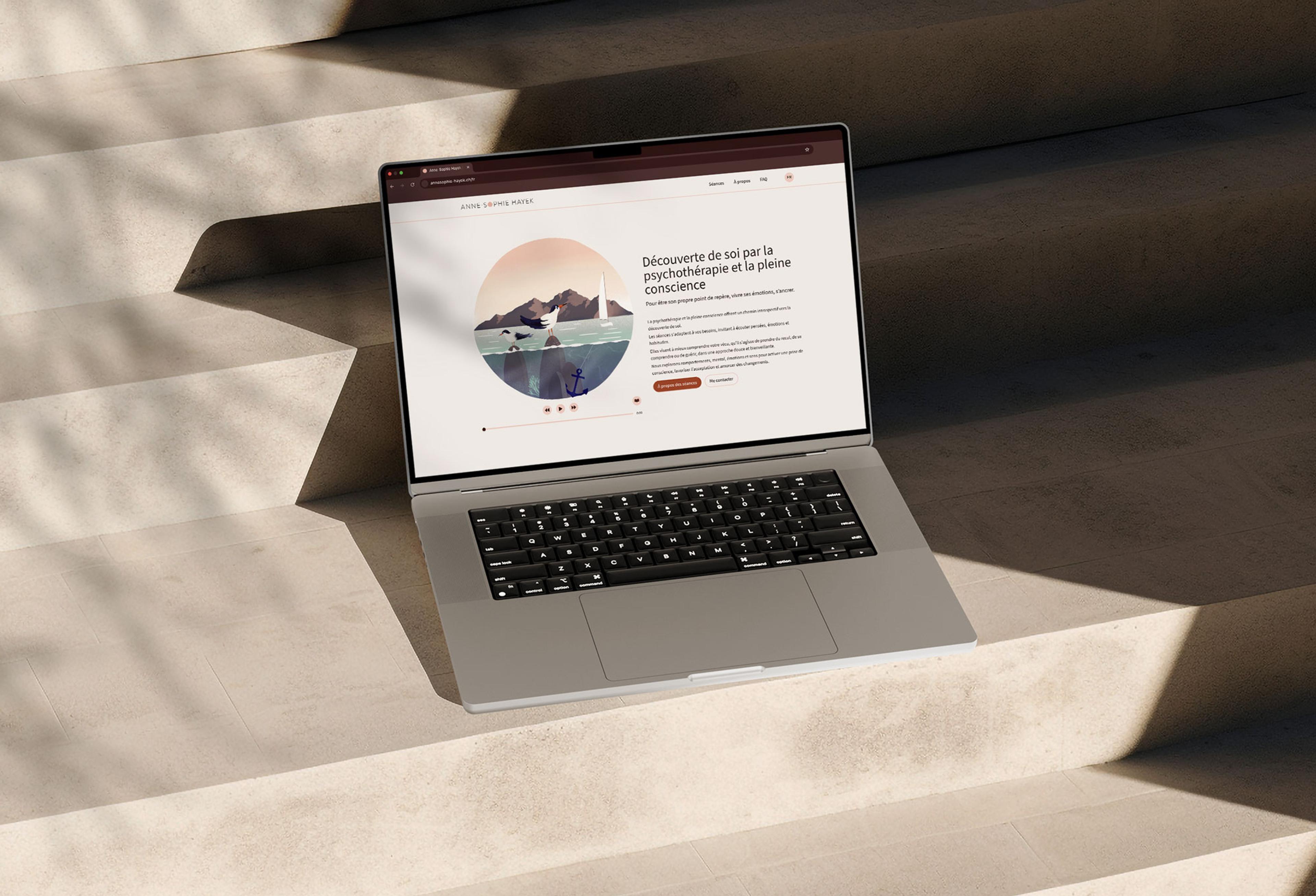 Animated GIF of a coastal scene featuring seagulls perched on rocks, gentle waves rolling onto the shore, a sailboat on the water, and an anchor submerged underwater.