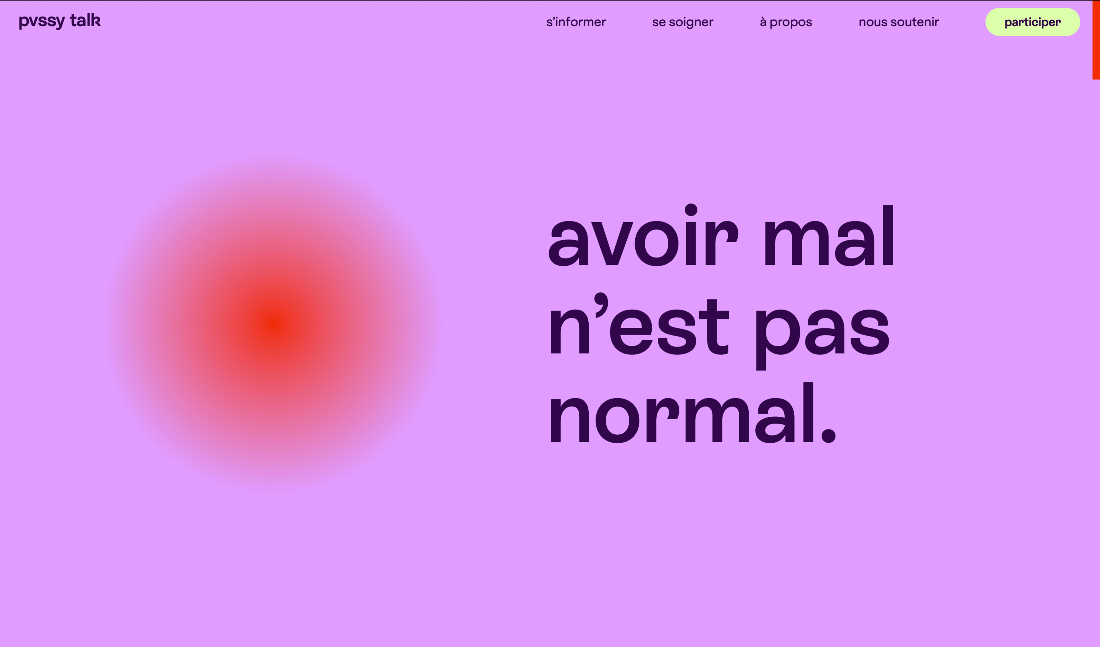 Homepage of the Pussy Talk website. The slogan 'Having pain is not normal' is prominently displayed on the right half of the screen. On the left side, a vibrant orange gradient circle animates, expanding and contracting to represent the intensity of pain.