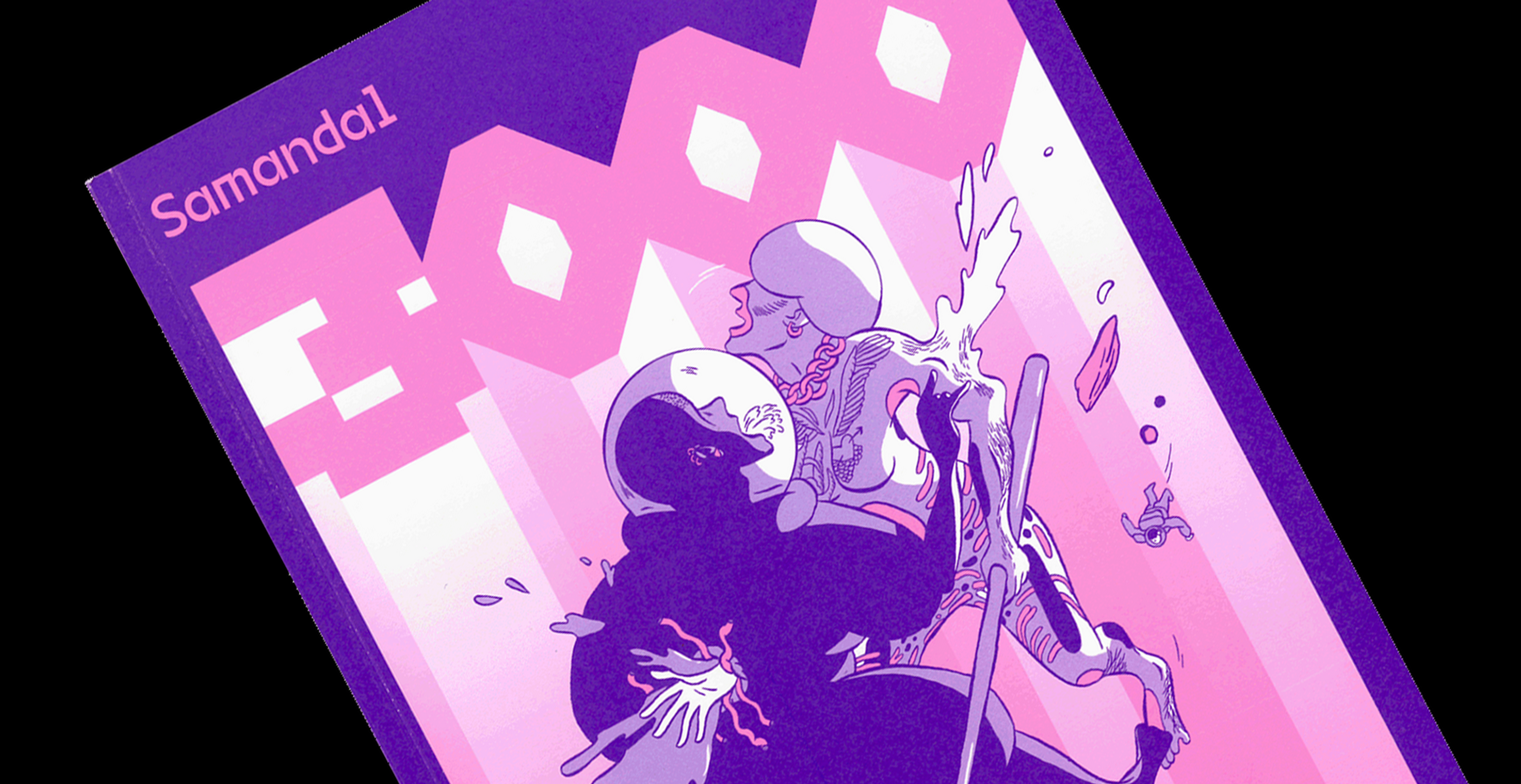 Detail of the cover of the French version in purple and bright pink dualtone.