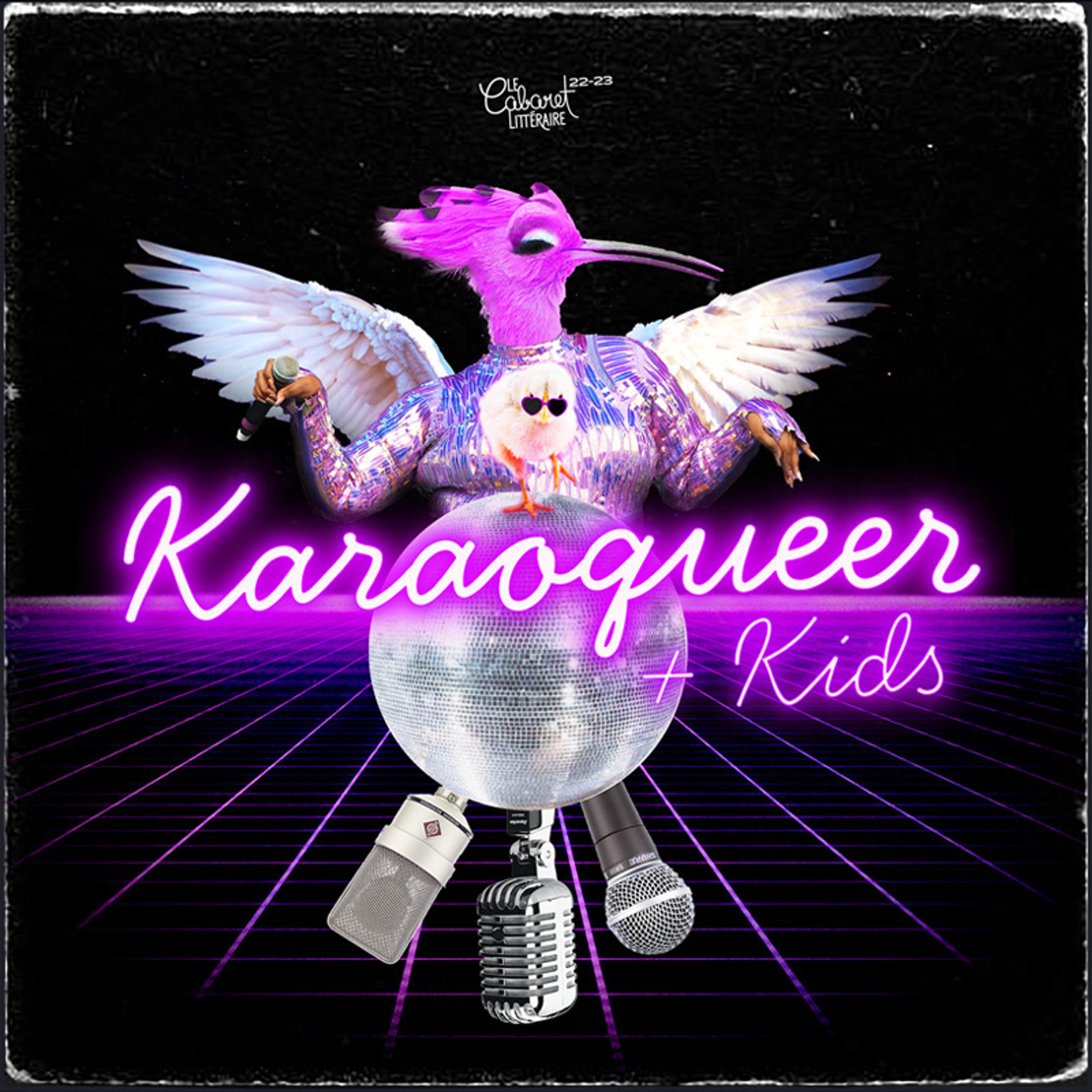 Visual for the event Karaoqueer, depicting a queer creature with a bird’s head in a sparkly dress, accompanied by a chick on a disco ball.