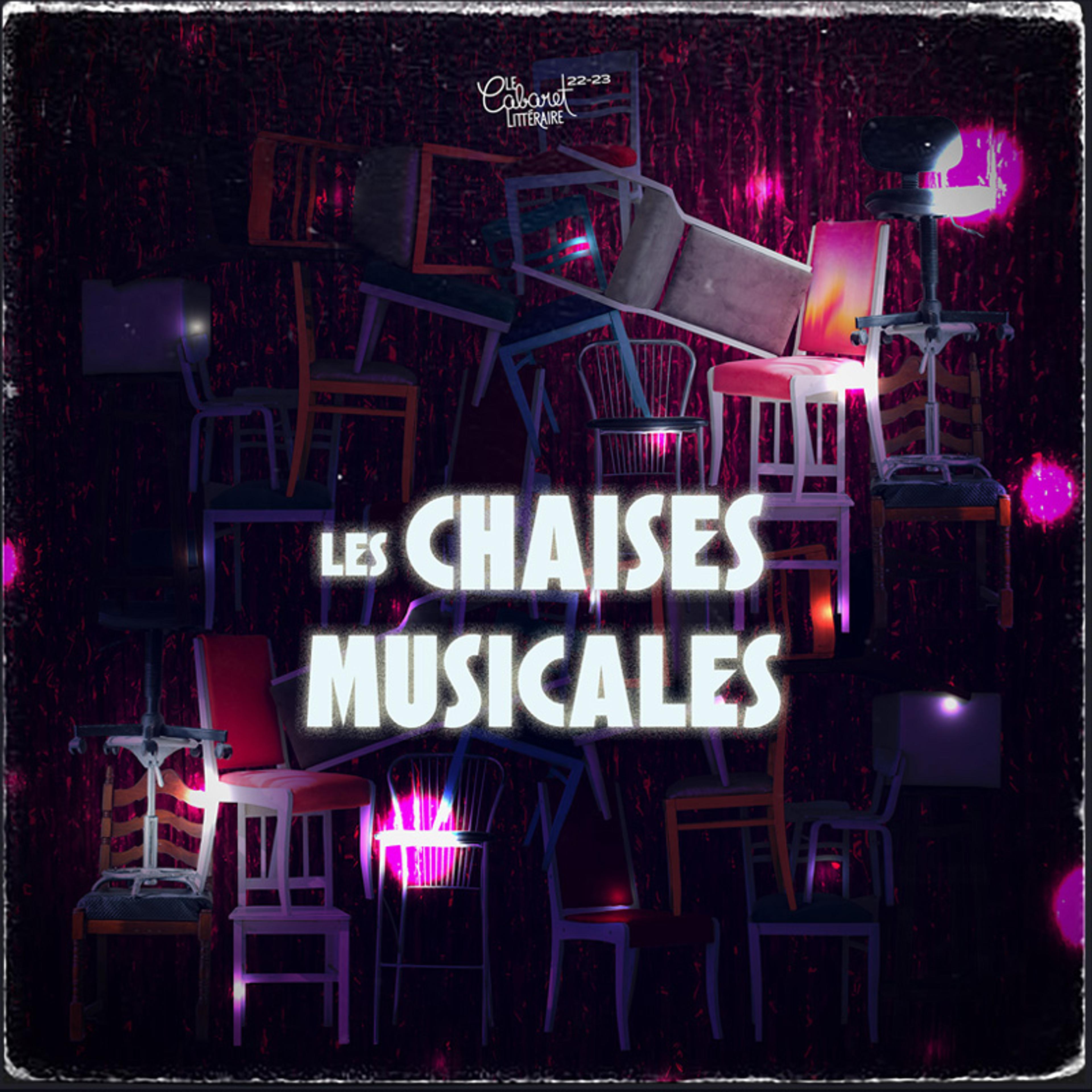 Poster for the show Les chaises musicales (Musical Chairs), illustrating a pyramid of chairs in a glittery and radiant universe