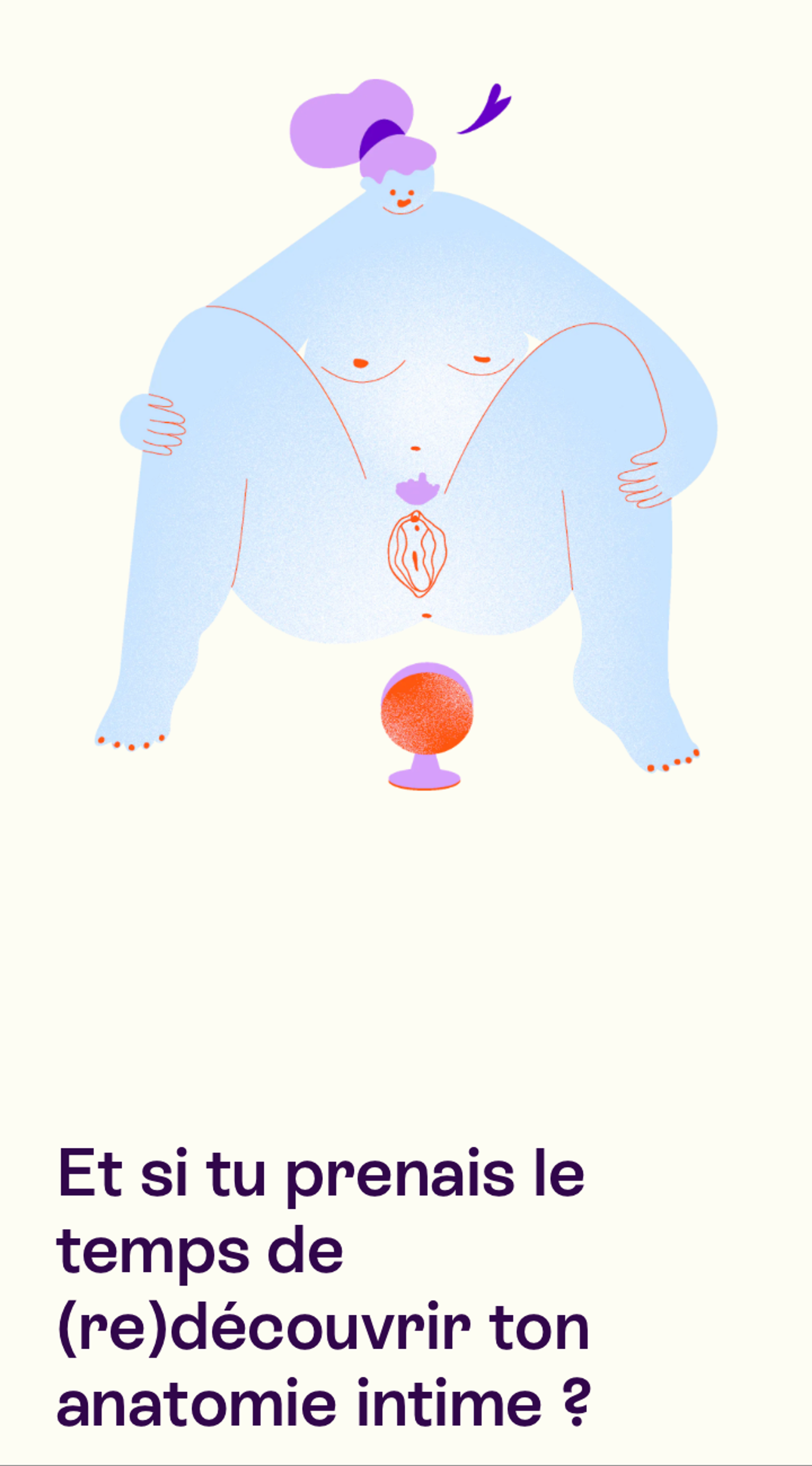 Mobile version: the illustration shows a person with a vulva looking at their anatomy in a small mirror. The section is titled 'What if you took the time to rediscover your intimate anatomy?'