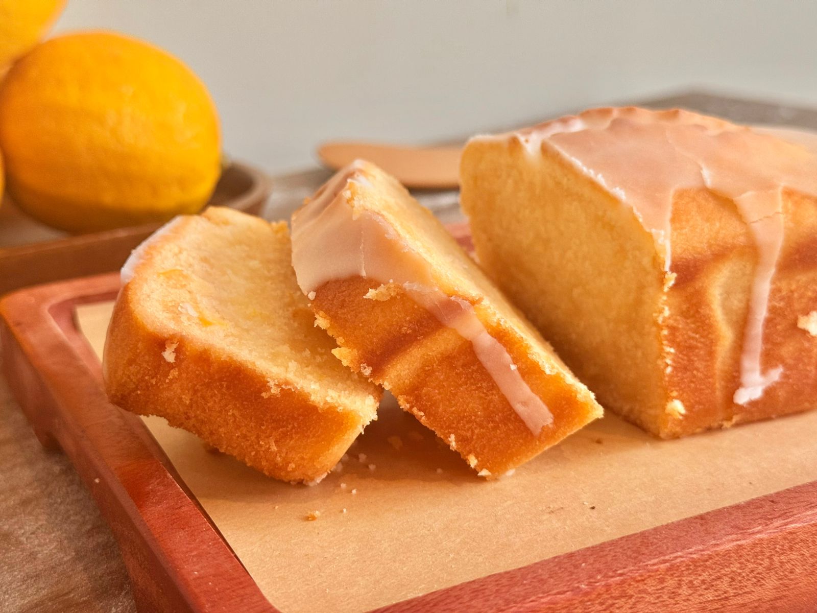 Moist lemon pound cake topped with a tangy lemon glaze.