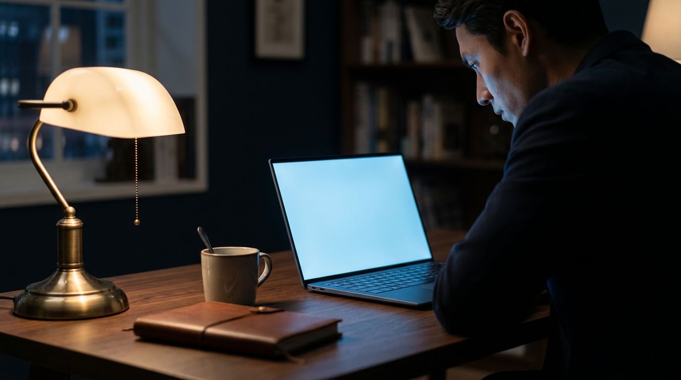 A professional researching on a laptop in a dimly lit office at night, screen glow on their face