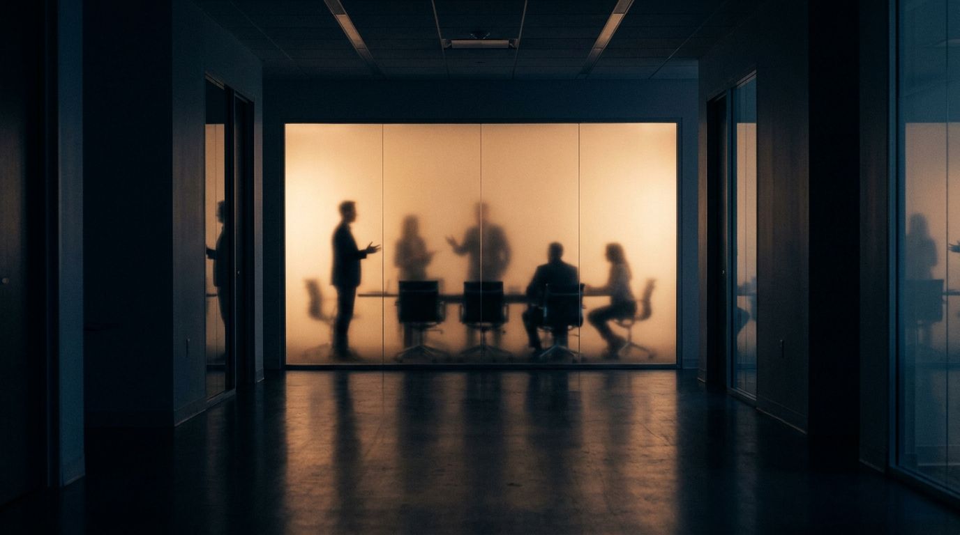 Silhouettes of an executive meeting visible through frosted glass, viewed from a darkened corridor outside the conference room.