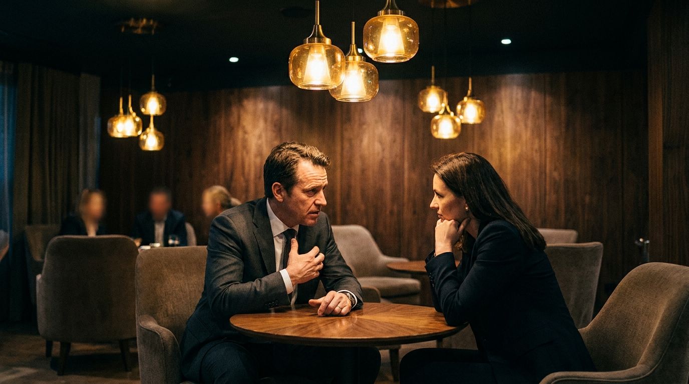 Two professionals in intimate conversation across a small table in a dimly lit dining room