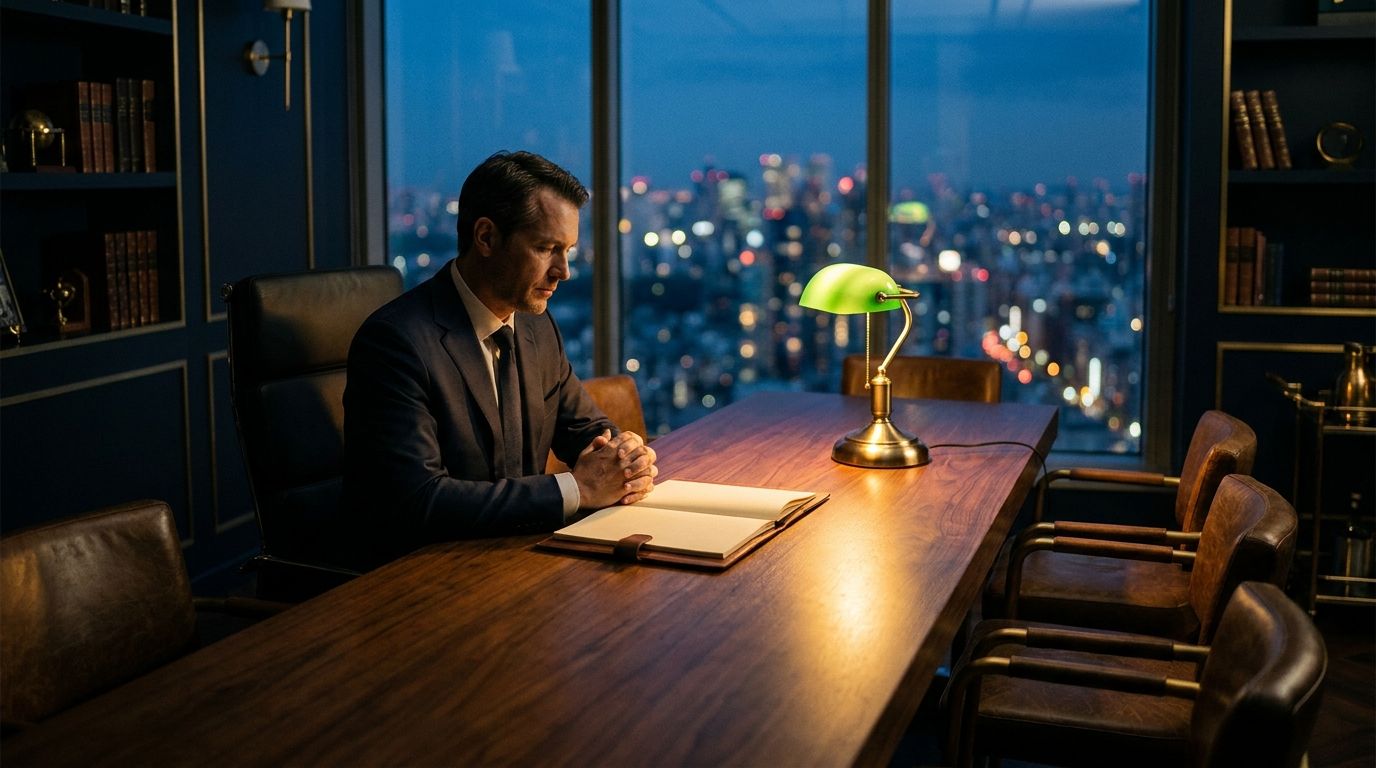 A CEO seated alone at a long conference table at dusk, looking down at an open notebook in pooled warm light