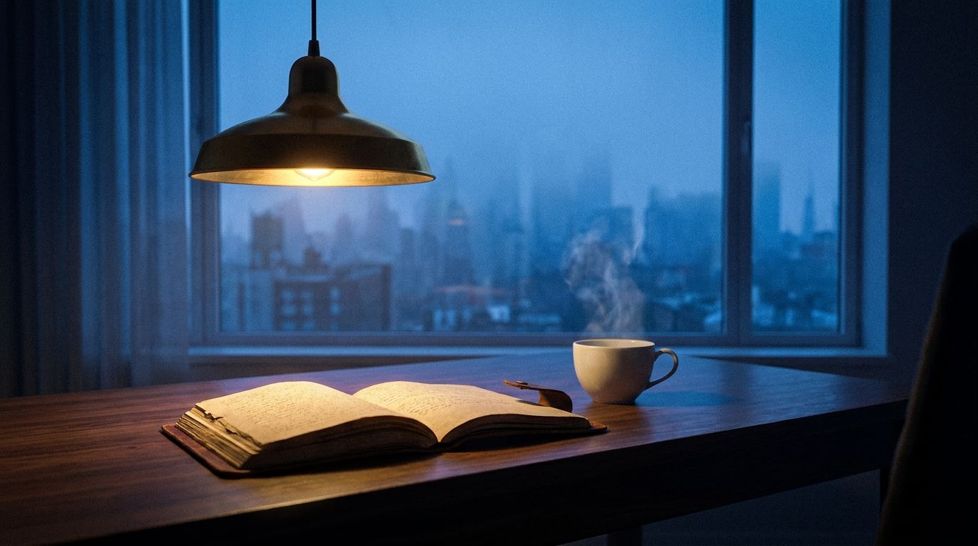 An open leather journal and steaming coffee cup on a dark desk in pre-dawn window light