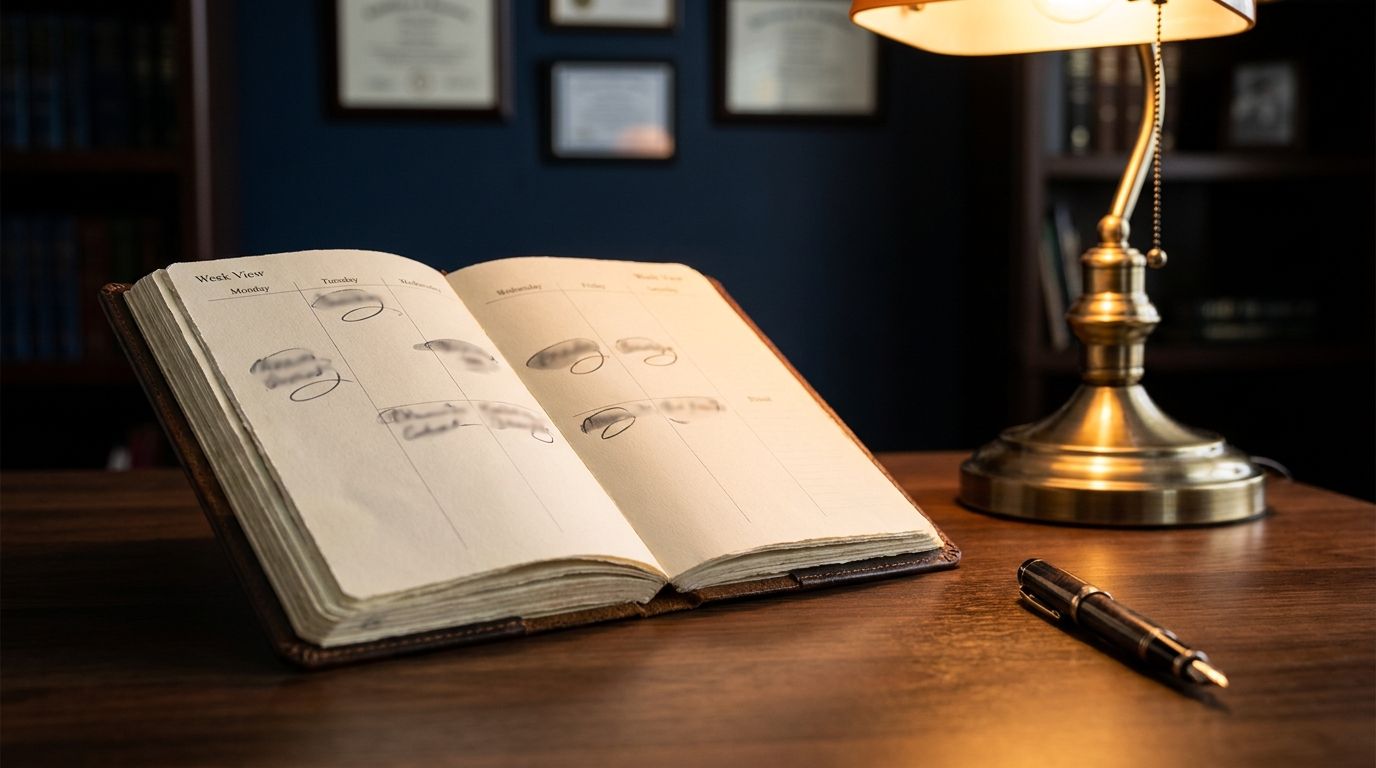 An open leather planner with time blocks marked, fountain pen alongside, under warm desk-lamp light