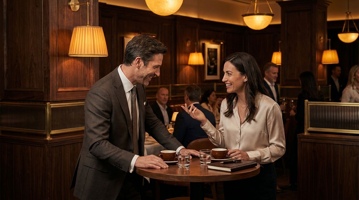 Two professionals in conversation over coffee at a warmly lit restaurant table