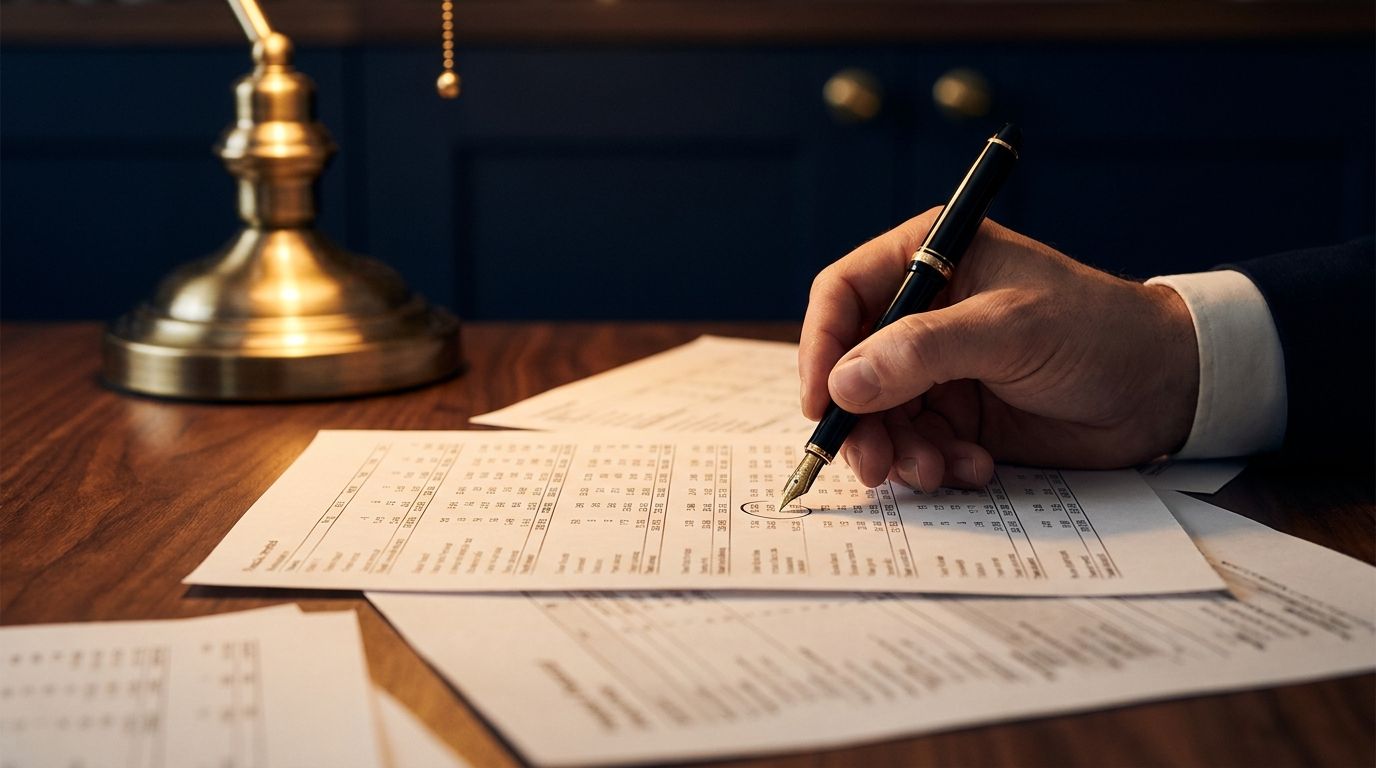 A hand with a fountain pen circling figures on financial spreadsheet printouts under a brass desk lamp