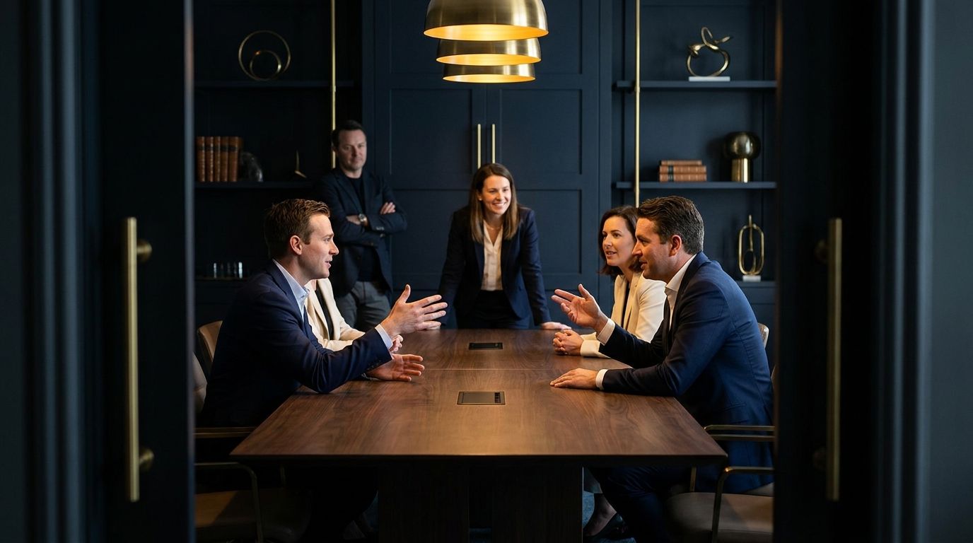 A team in animated conversation around a conference table, with one person observing from the back of the frame