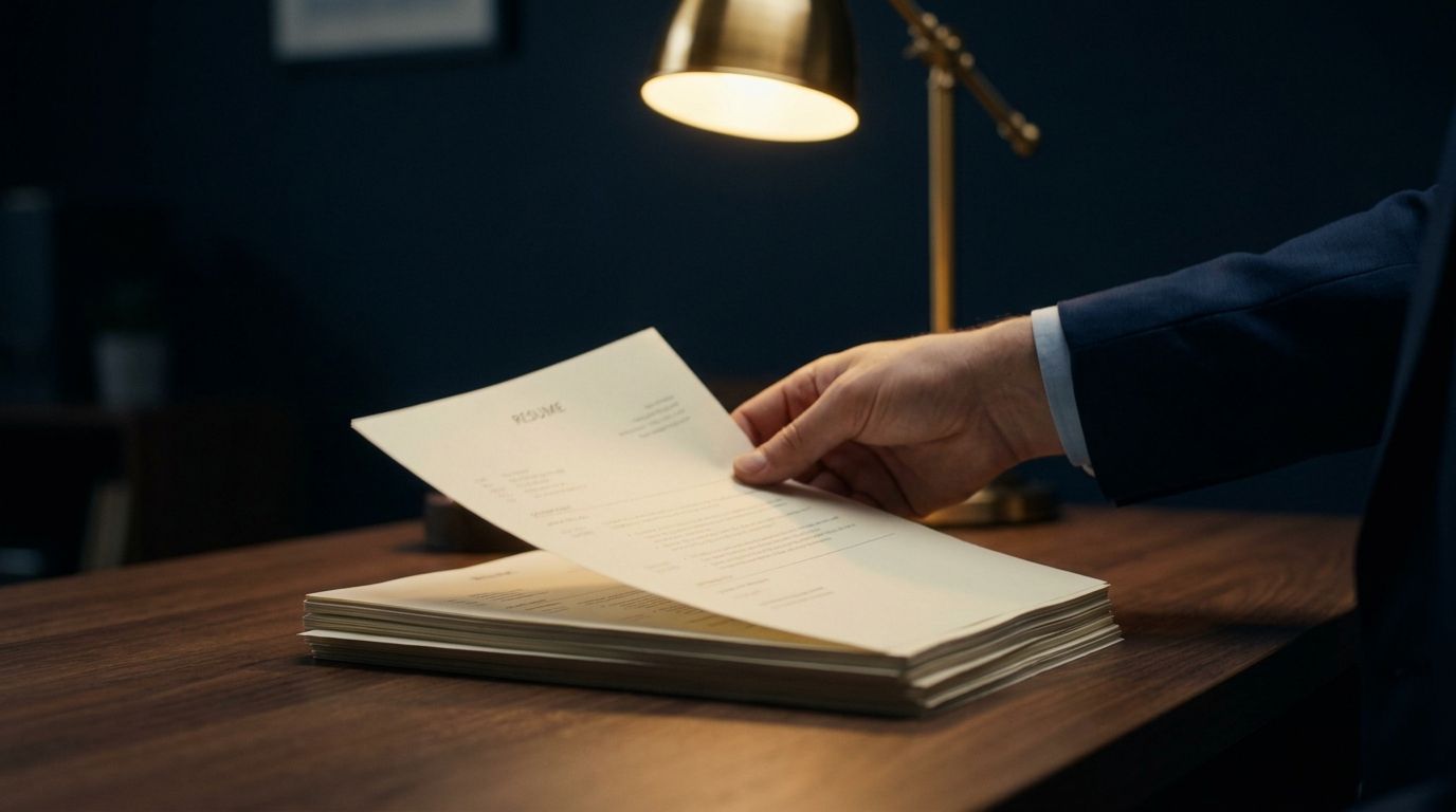 A single resume being lifted from a stack on a dark walnut desk under warm lamplight