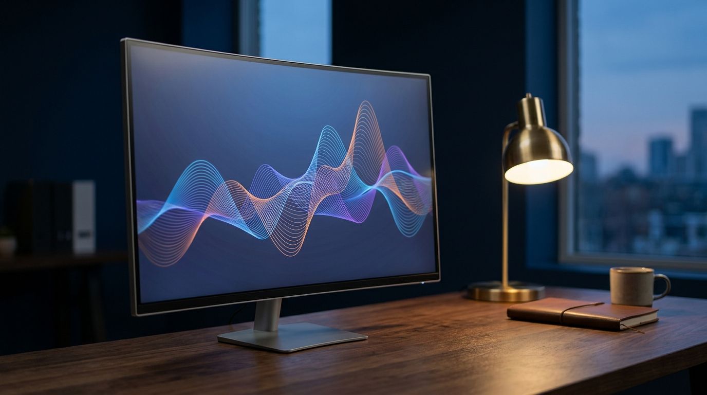 A monitor showing an abstract performance chart in a dimly lit office at dusk