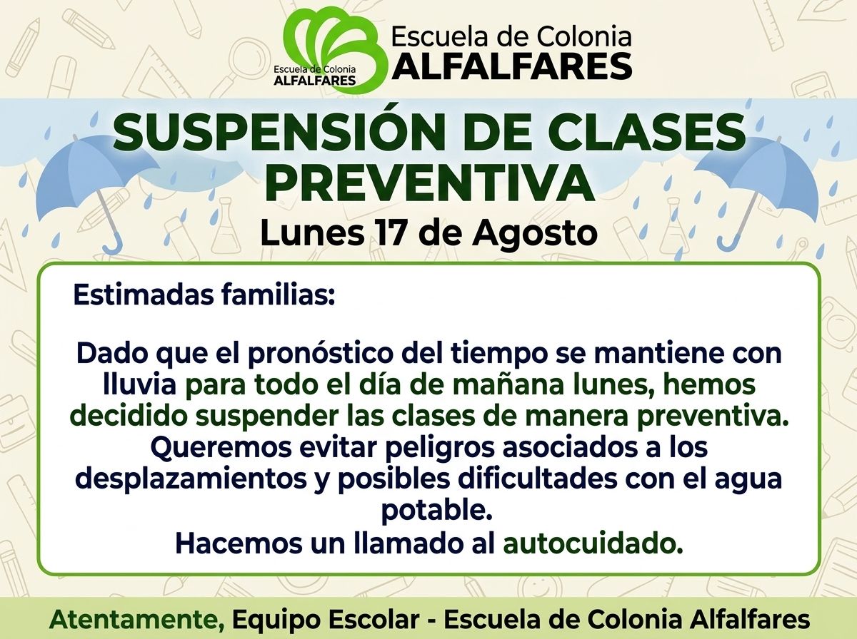 suspensión preventiva de clases para el lunes 17 de agosto