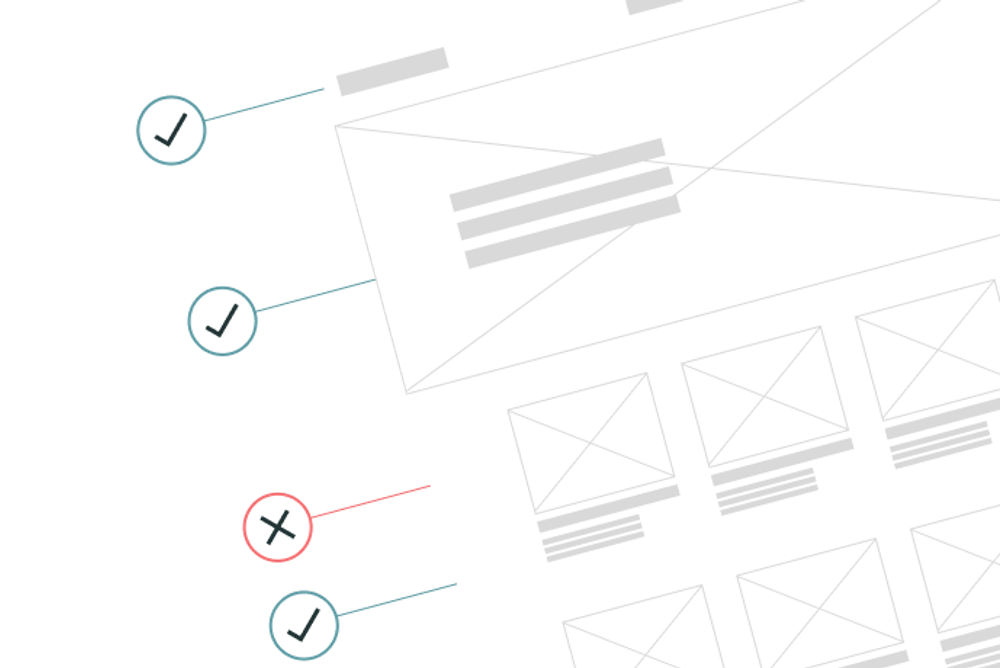 Wireframe med markeringer. Tre godkjent-haker og ett kryss. Illustrasjon