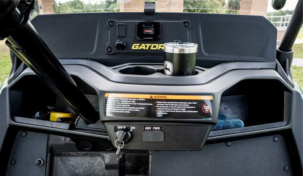 Dash storage compartments, cup holders, and USB power ports