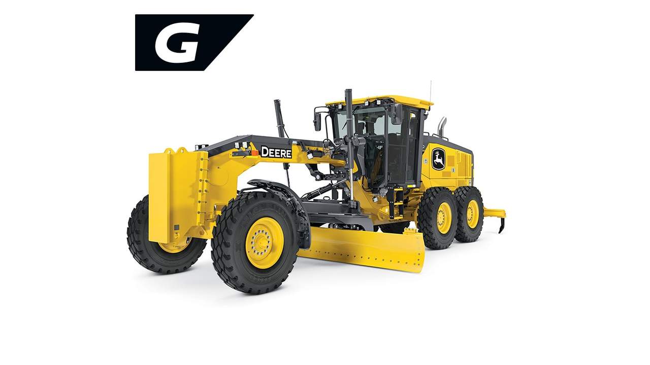 Yellow John Deere motor grader with six tires and front blade for road grading.