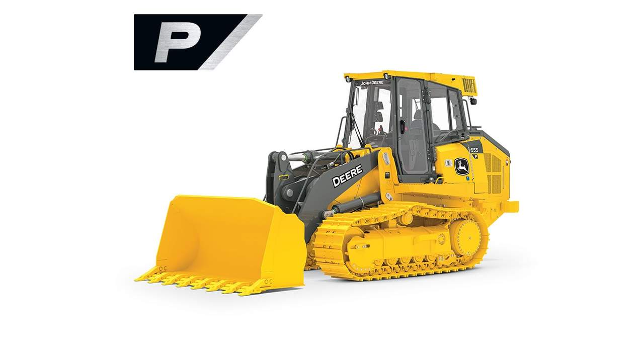 Yellow John Deere crawler loader with front bucket and black cab on white background.