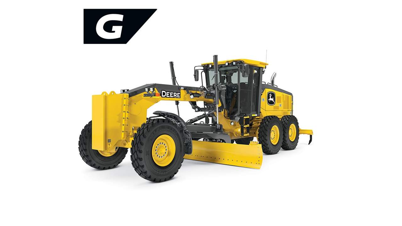 Yellow John Deere motor grader with six tires and front blade for road grading.