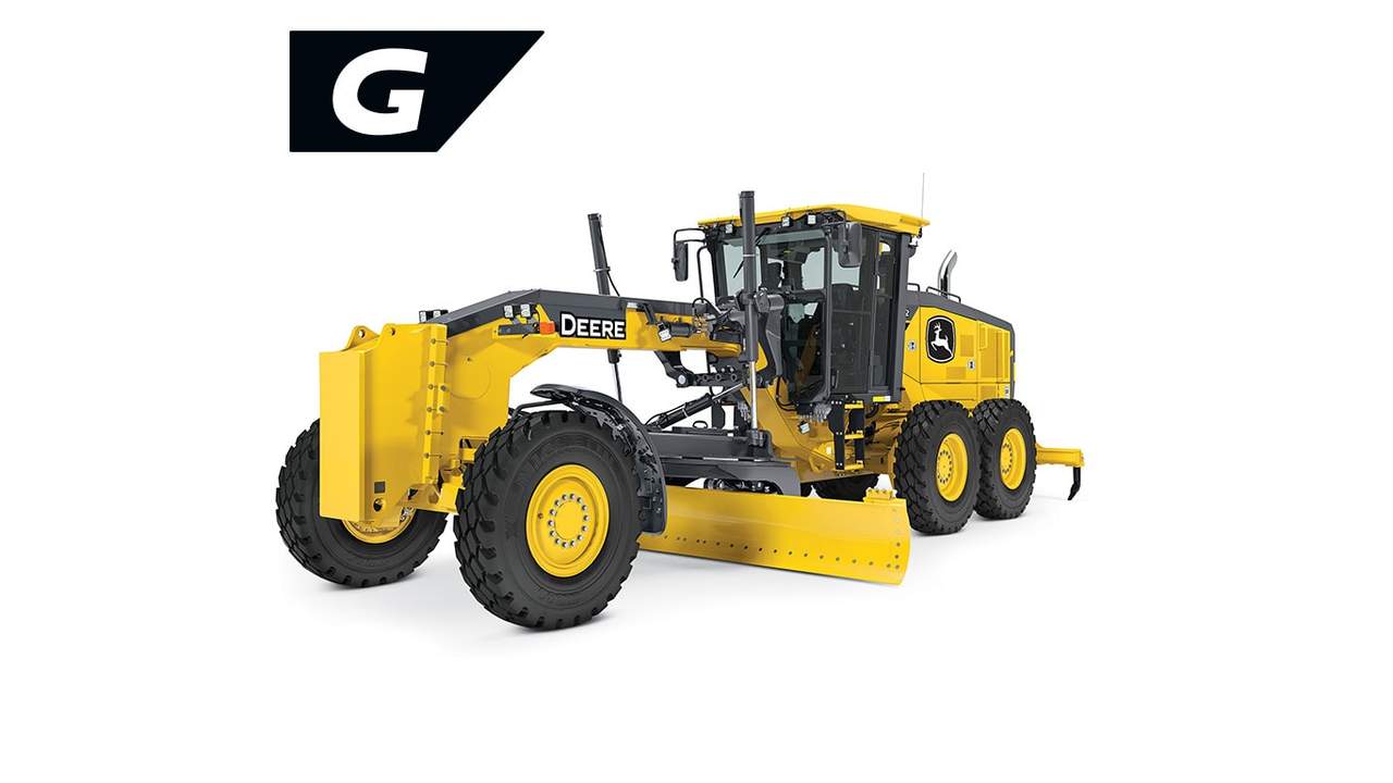 Yellow John Deere motor grader with six tires and front blade for road leveling.