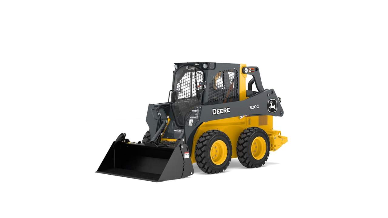 MP72B multipurpose bucket on 320G Skid Steer on a white background