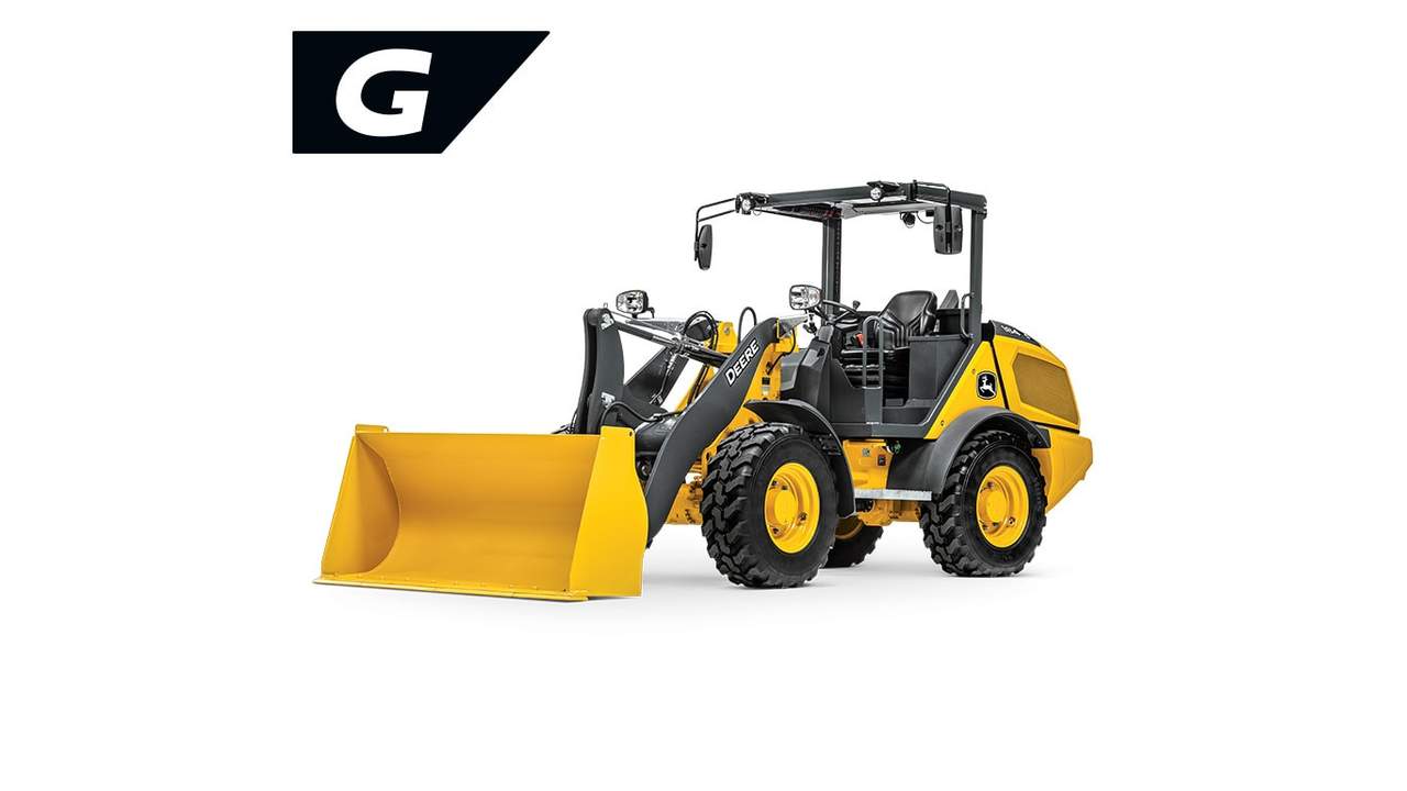John Deere 184 G‑Tier compact wheel loader with front bucket on a white background.