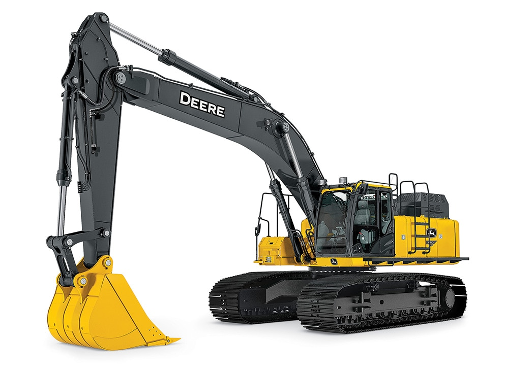 Rental excavator operating in quarry aggregate extraction project.