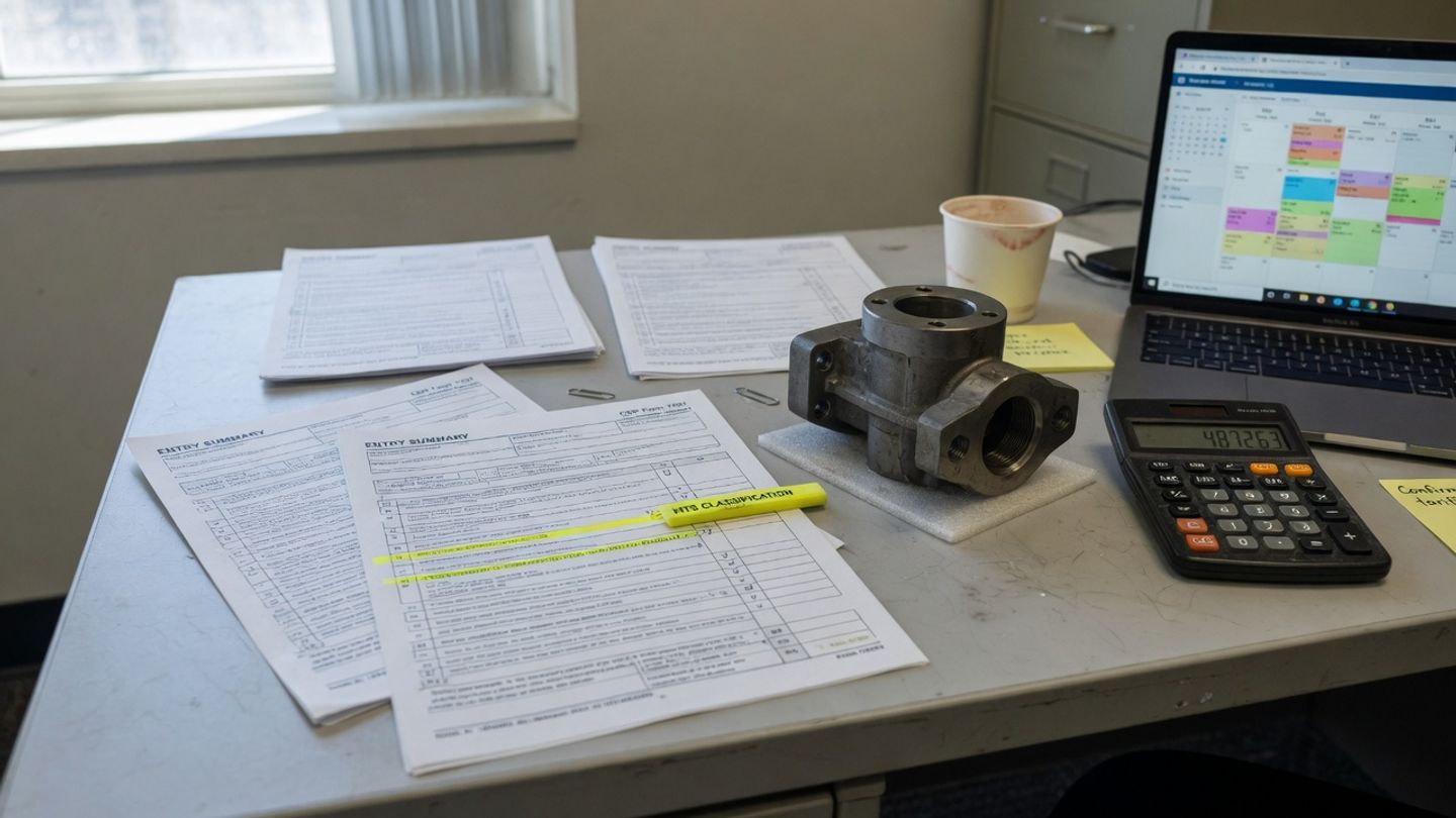 Procurement desk with customs entry summaries, an HTS classification line highlighted, a machined metal component, and a calculator used to model landed cost.