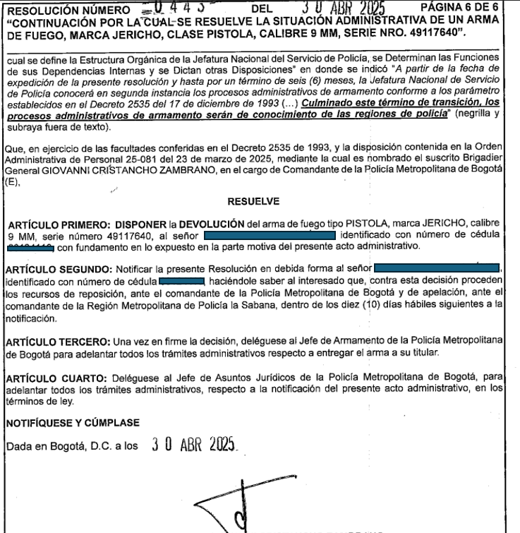 Fallo favorable ante Policía Nacional - Devolución de arma
