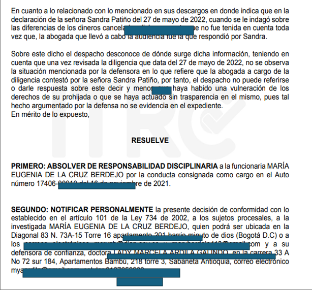 Absolución en proceso disciplinario