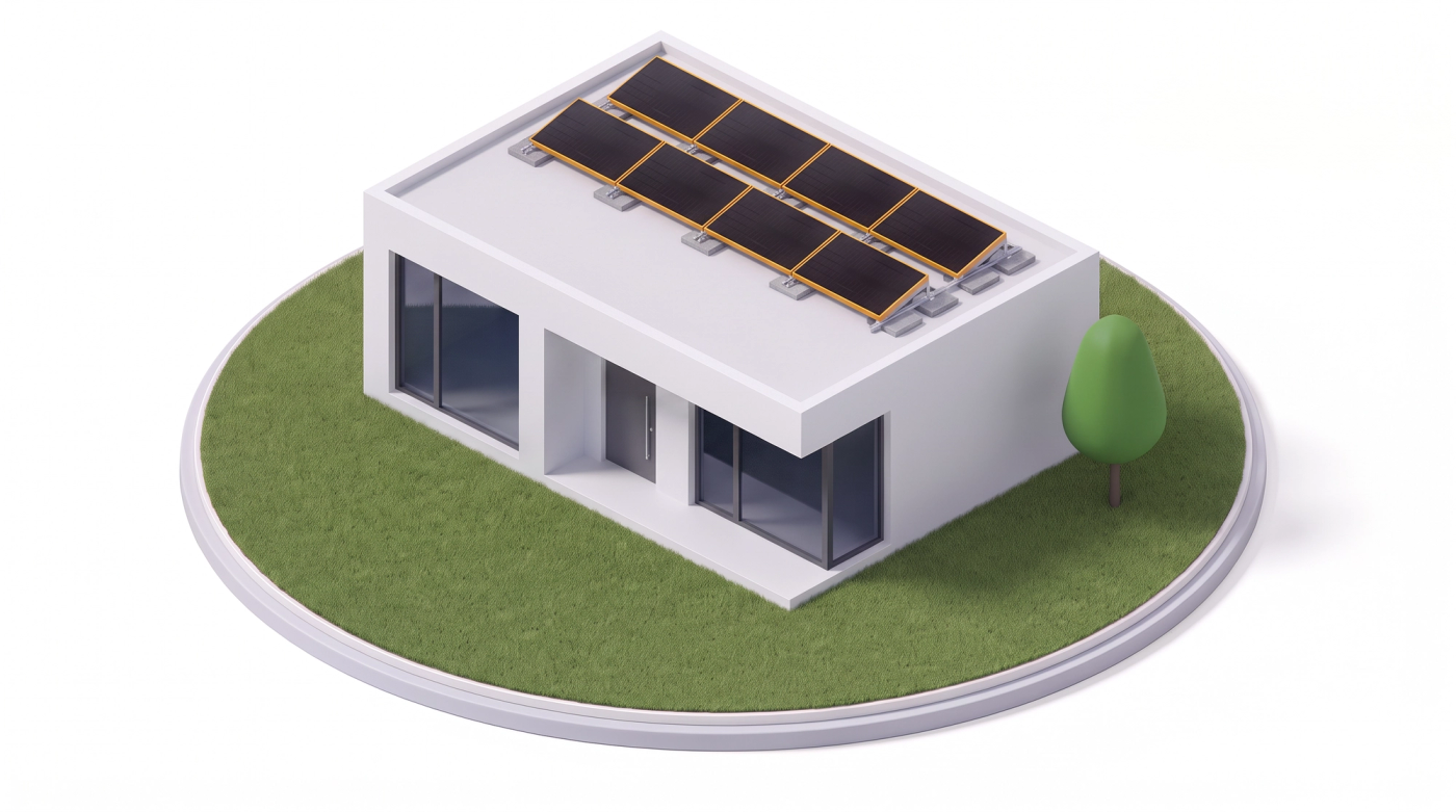 Haus mit Flachdach, acht Solarmodule auf einer aufgeständerten Unterkonstruktion