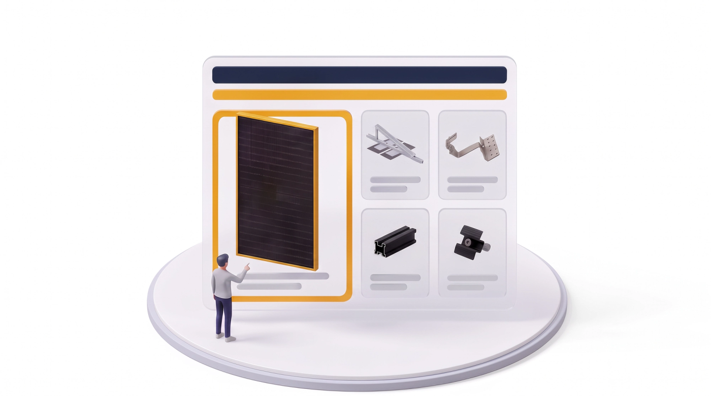 Shop-Display auf einer runden Plattform, ein Solarmodul mit gelbem Rahmen als hervorgehobenes Produkt
