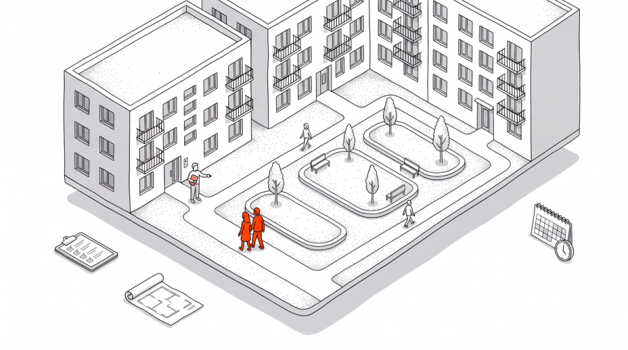 Illustration: Ein Paar wird im Wohnhof des ZAM zur Besichtigung empfangen