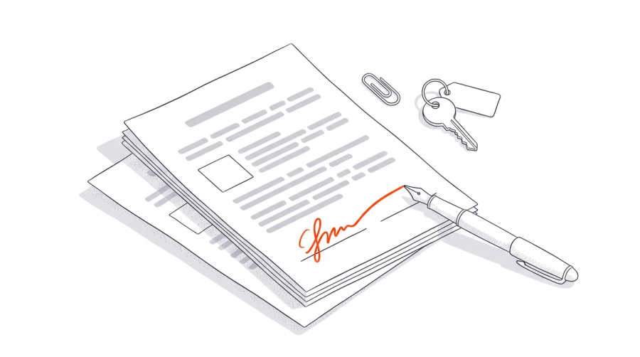 Illustration: Mietvertrag mit Füller und oranger Unterschrift