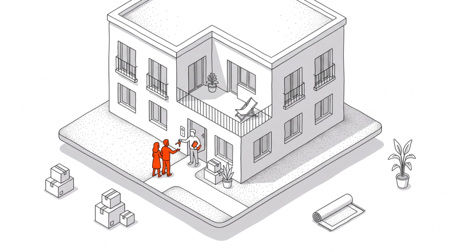 Illustration: Schlüsselübergabe vor der neuen Wohnung