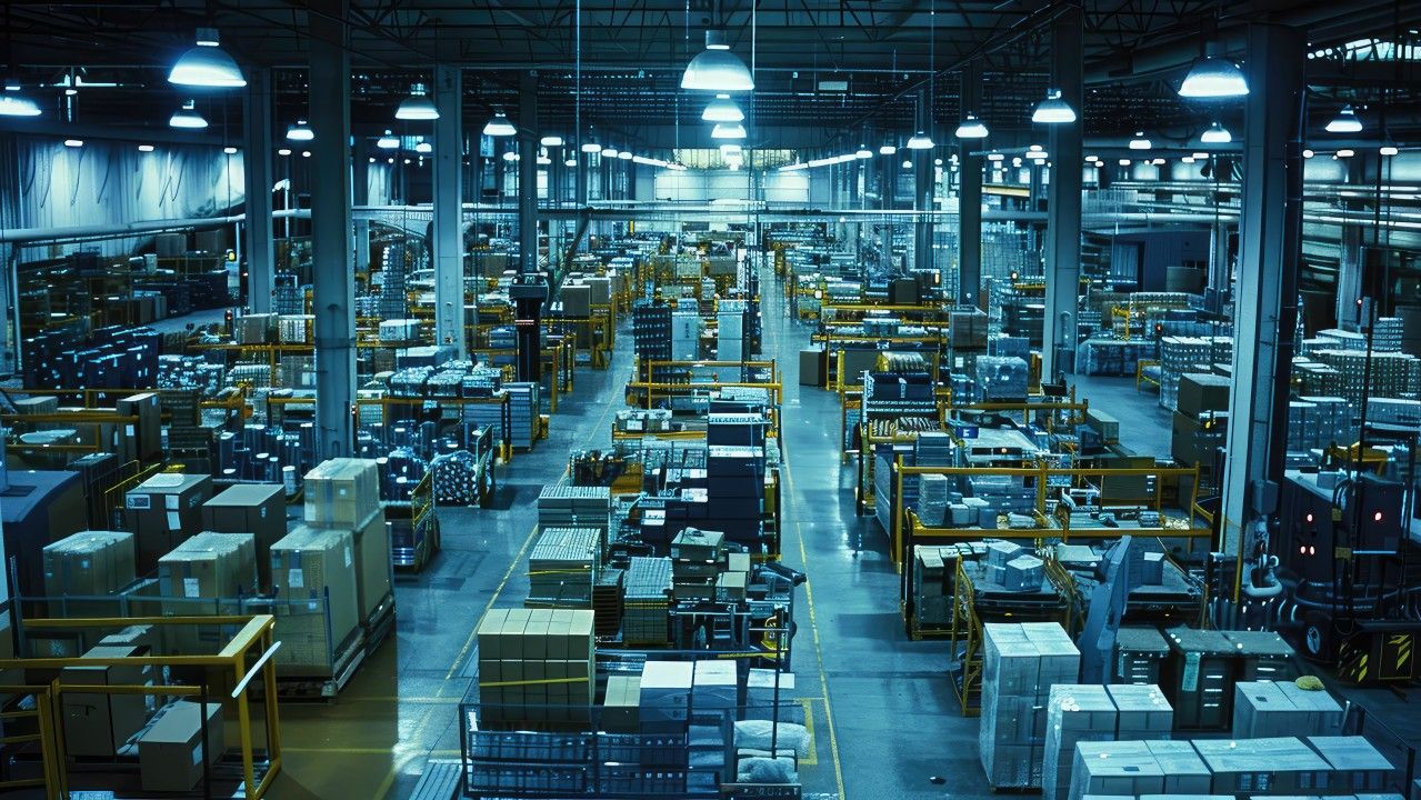 A large modern manufacturing facility filled with machinery and pallets