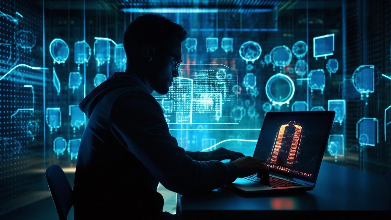 Silhouette of a professional working on a laptop with digital security visuals