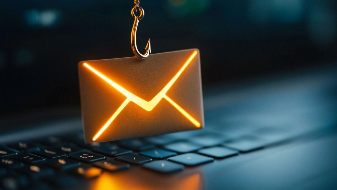 Email icon on a hook above a laptop keyboard, symbolizing identity risk.
