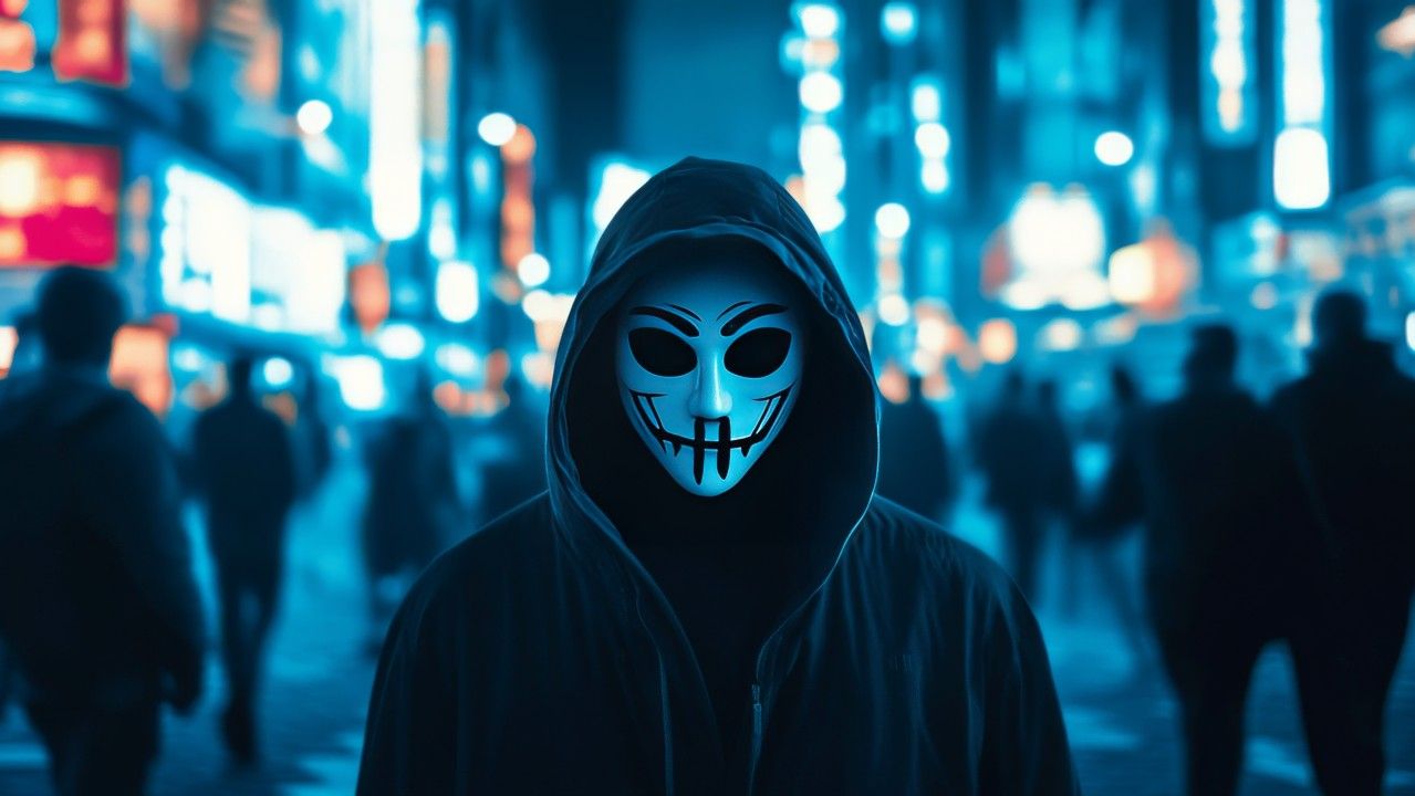 Masked hacker standing in a glowing city at night.
