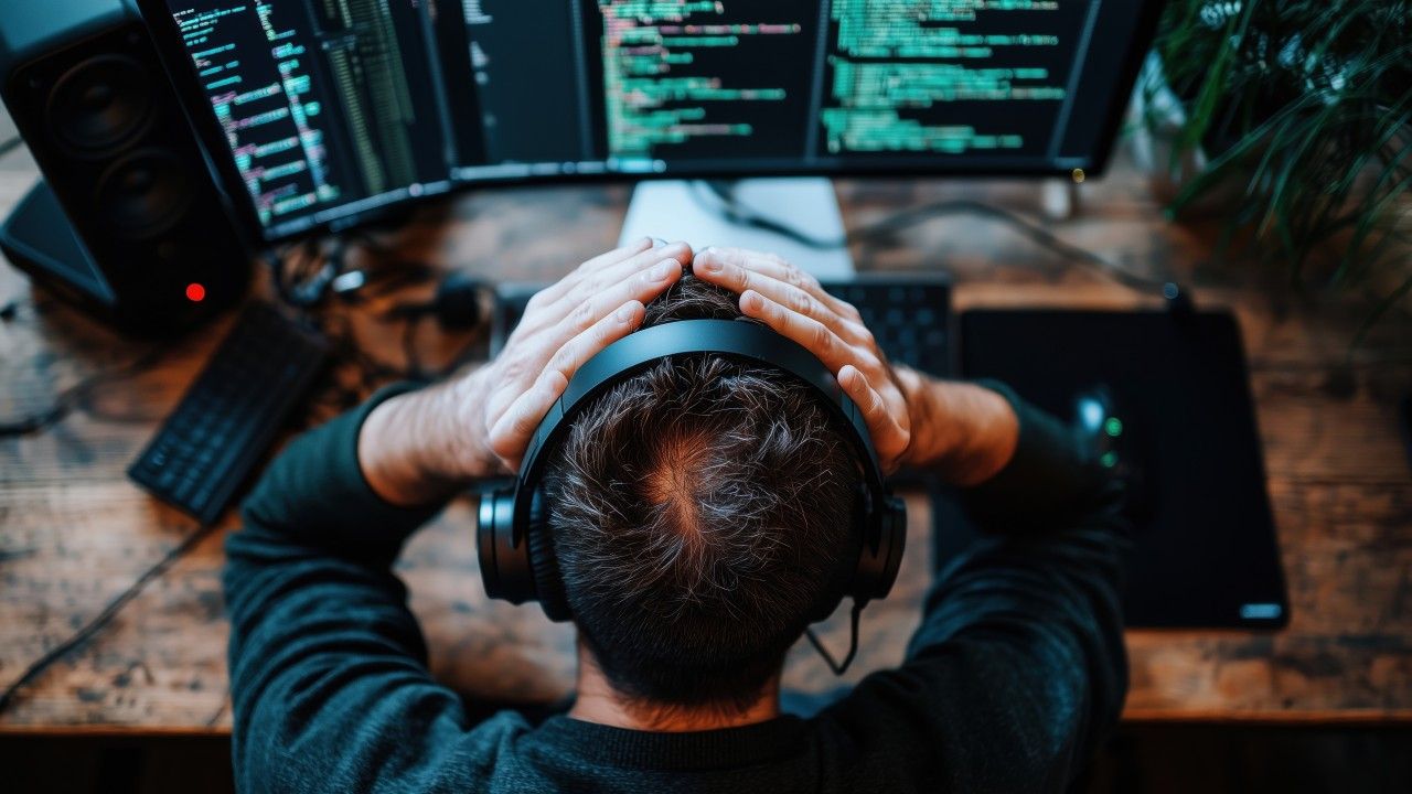 Person stressed at a computer, showing risks of overconfidence in cybersecurity