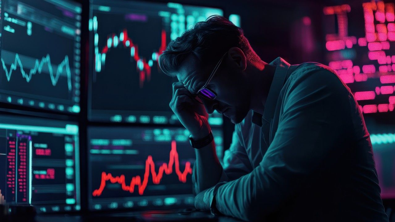 Stressed professional in front of data screens, suggesting the impact of delayed cybersecurity.