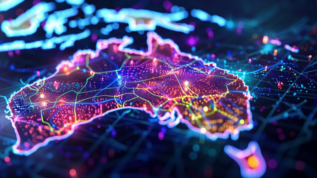 Digital map of Australia highlighting cyber networks.